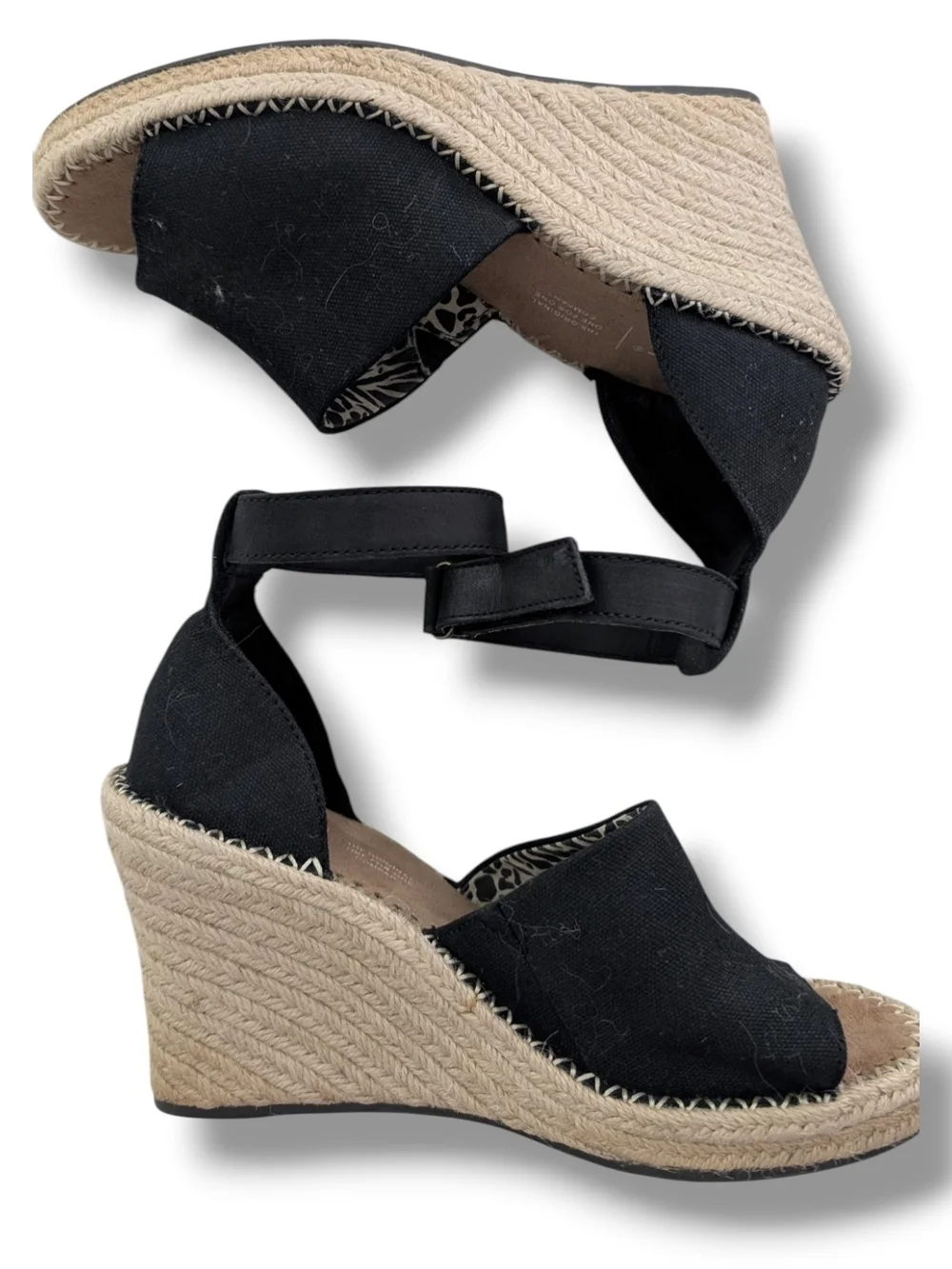Toms Marisol Black Espadrille Wedge Sandals with Ankle Strap, Size 6